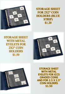 STORAGE SHEET FOR 2X2" COIN HOLDERS (BLUE STRIP), (METAL EYELETS),(2.5.X2.5, GRADED COINS)