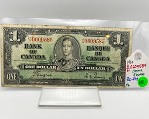 1937 Bank of canada BC-21d One Dollars VG-8 Coyne Towers, Serial-RN 0609585