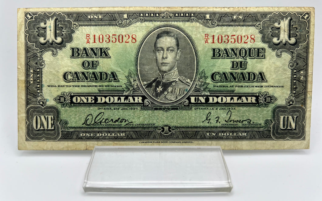 1937 Bank of canada BC-21c One Dollars f-12 Gordon Towers, Serial-RA 1035028