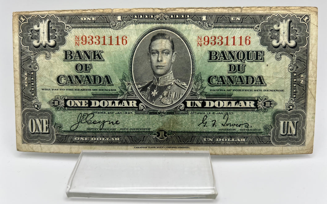 1937 Bank of canada BC-21d One Dollars f-12 Coyne Towers, Serial-NN 9331116