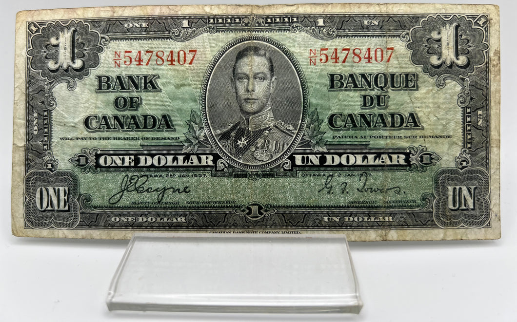 1937 Bank of canada BC-21c One Dollars f-12 Coyne Towers, Serial-NN 5478407