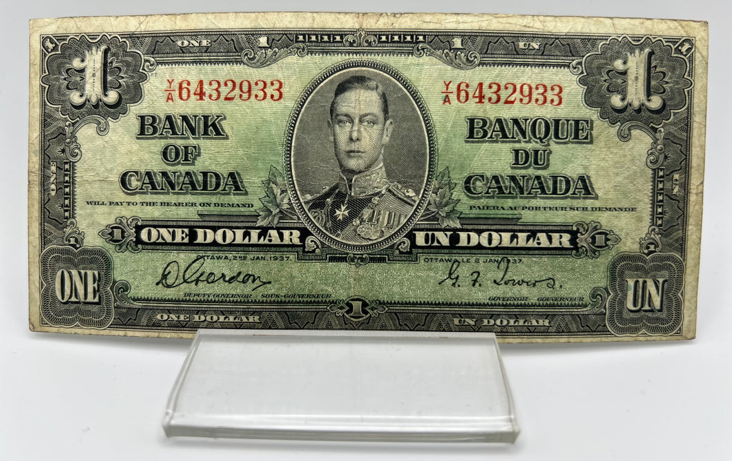 1937 Bank of canada BC-21c One Dollars f-12 Gordon Towers, Serial-YA 6432933