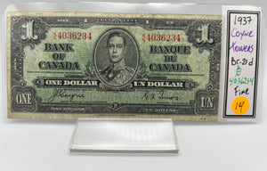 1937 Bank of canada BC-21d One Dollars f-12 Coyne Towers, Serial-KN 4036234