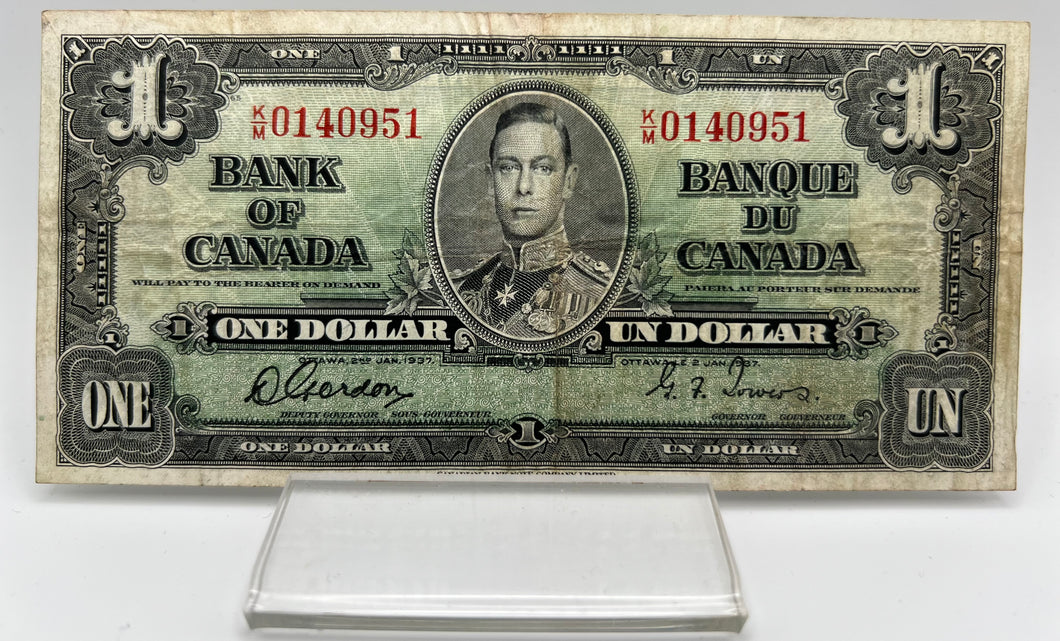 1937 Bank of canada BC-21c One Dollars f-12 Gordon Towers, Serial-KM 0140951