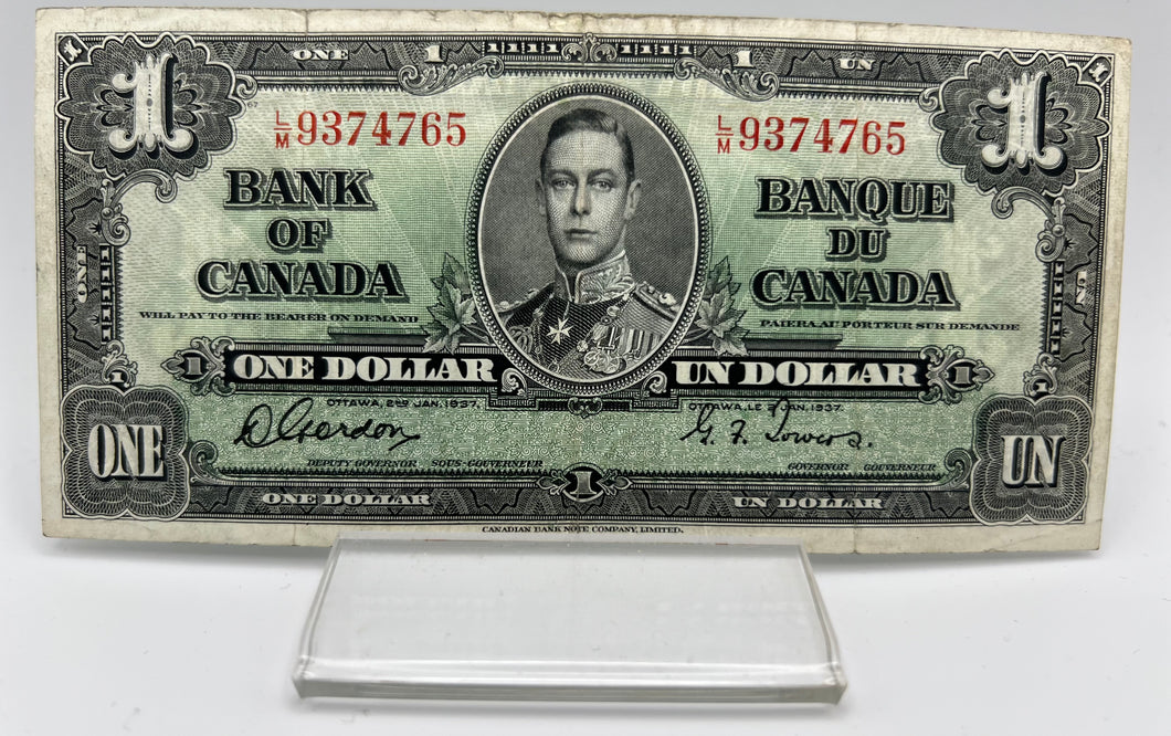 1937 Bank of canada BC-21c One Dollars VF-20 Gordon Towers, Serial-LM 9374765