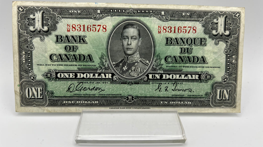 1937 Bank of canada BC-21c One Dollars VF-20 Gordon Towers, Serial-NM 8316578