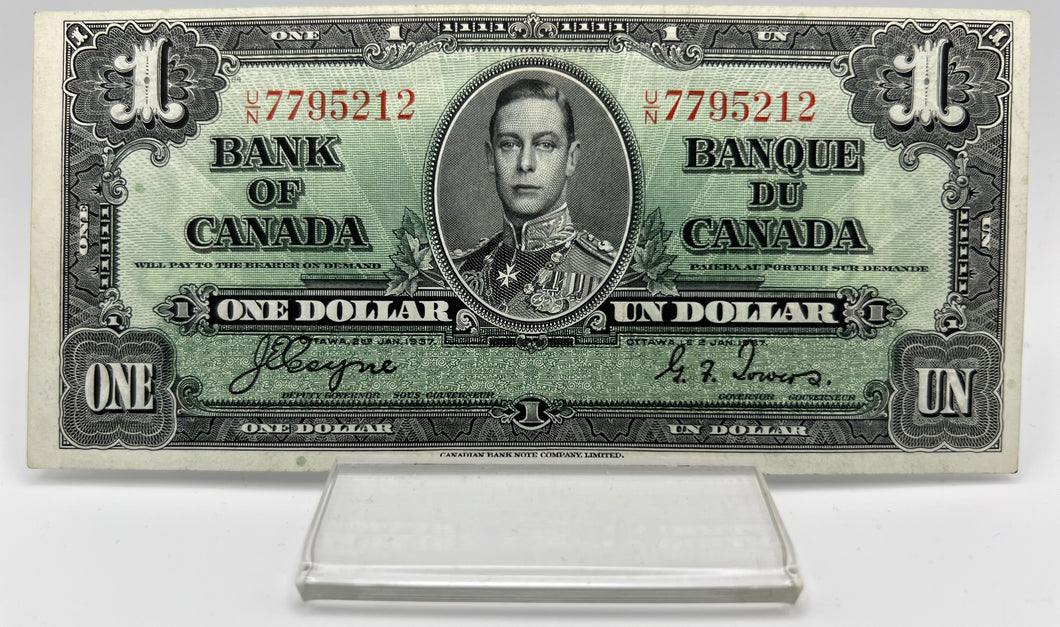 1937 Bank of canada BC-21d One Dollars UNC Coyne Towers, Serial-UN 7795212