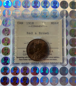 CANADA ONE CENT 1918 ICCS MS-64 RED & BROWN