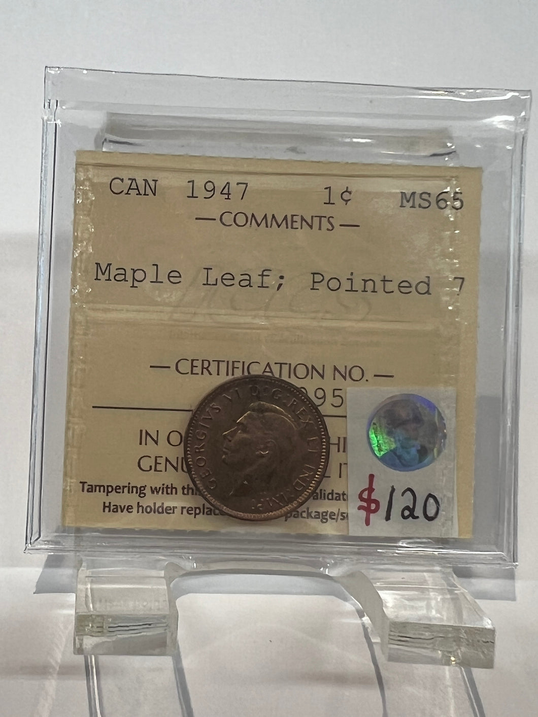 Canada One Cent 1947 Maple Leaf-Pointed 7 MS-65 ICCS