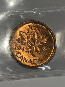 Canada One Cent 1947 Maple Leaf-Pointed 7 MS-64 ICCS