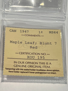 Canada One Cent 1947 Maple Leaf-Blunt 7 MS-64 ICCS