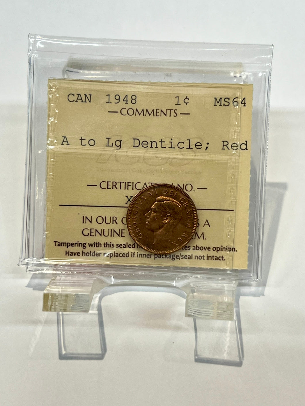 Canada One Cent 1948 A to LG Denticle  MS-64 ICCS