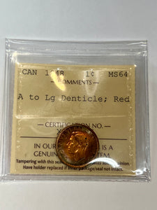 Canada One Cent 1948 A to LG Denticle  MS-64 ICCS