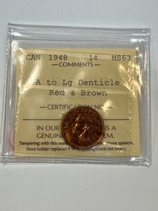 Canada One Cent 1948 A to LG Denticle  MS-63 ICCS