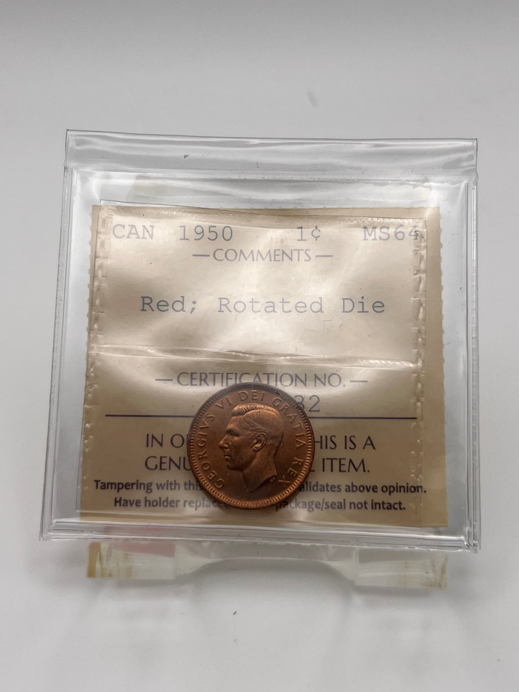 Canada One Cent 1950  MS-64 ICCS-Rotated Die