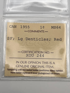 Canada One Cent 1955 MS-64 ICCS-SF-LG-Denticles
