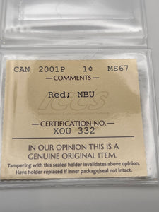 Canada One Cent 2001p MS-67 ICCS-NBU