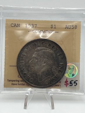 Canada Silver One Dollar 1937 AU58  ICCS