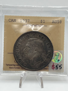 Canada Silver One Dollar 1937 AU58  ICCS