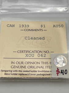 Canada Silver One Dollar 1939 AU50  ICCS