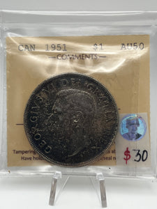 Canada Silver One Dollar 1951 AU50 ICCS