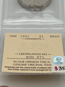 Canada Silver One Dollar 1951 MS-60 ICCS