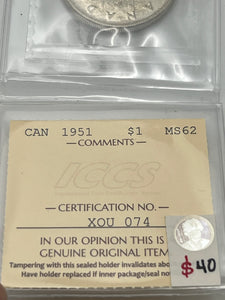 Canada Silver One Dollar 1951 MS-62 ICCS