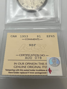 Canada Silver One Dollar 1953 EF45 ICCS-NSF