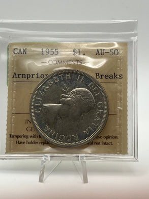 Canada Silver One Dollar 1955 AU50 ICCS-Arnprior With Die Breaks