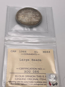 Canada Silver One Dollar 1966 MS-64 ICCS-Large beads