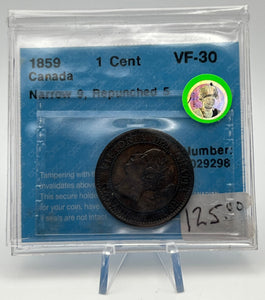 CANADA ONE CENT 1859 CCCS VF-30 Narrow 9 Repunched 5
