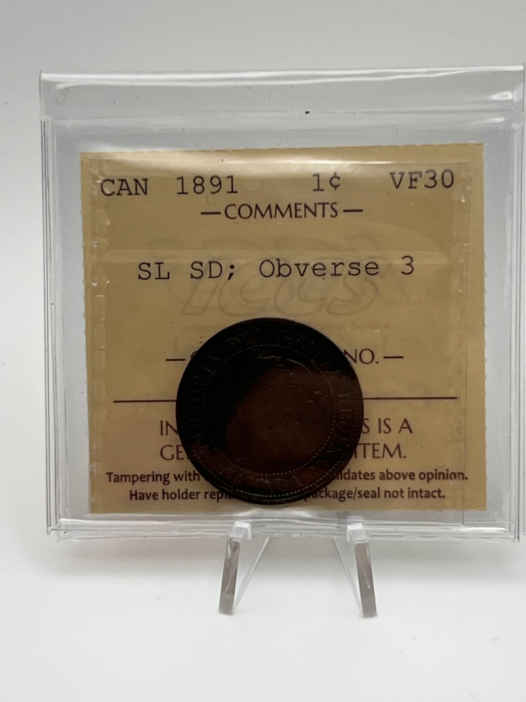 CANADA ONE CENT 1891 ICCS VF-30 SL SD-OBVERSE 3