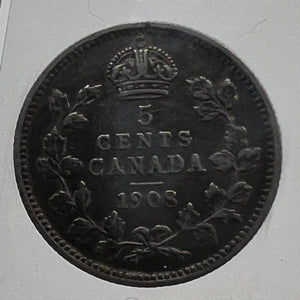 CANADA SILVER FIVE CENT 1908 CCCS VF-30-Large Date