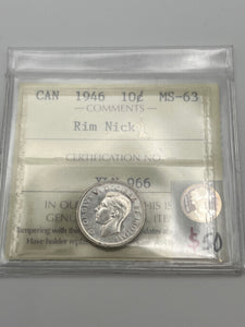 CANADA SILVER TEN CENT 1946 ICCS  MS-63-Rim Nick
