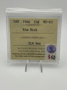 CANADA SILVER TEN CENT 1946 ICCS  MS-63-Rim Nick