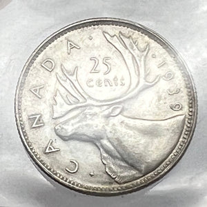 CANADA SILVER TWENTY-FIVE CENTS 1939 ICCS AU-55