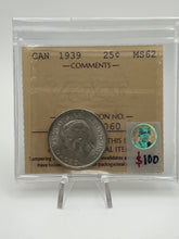 CANADA SILVER TWENTY-FIVE CENTS 1939 ICCS MS-62