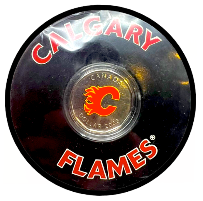 2008 Calgary Flames 1$ Special Edition Loonie and puck-Home Jersey