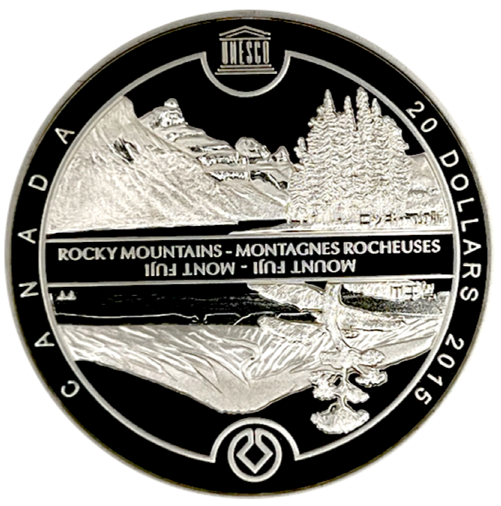 2015 Canada 20 Dollars Fine Silver Coin, UNESCO-Mount Fuji-The Canadian Rockies