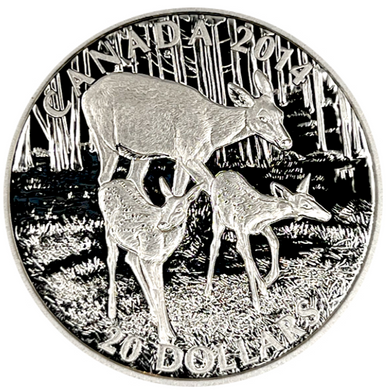 2014 Canada 20 Dollars Fine Silver Coin, The White-Tailed Deer-A Doe and Her Fawns