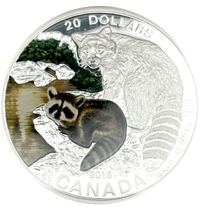 2016 Canada 20 Dollars Fine Silver Coin, Baby Animals-Raccoon