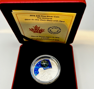 2016 Canada 20 Dollars Fine Silver Coin, The Universe Glow in the Dark Glass with Opal