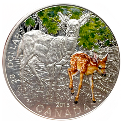 2015 Canada 20 Dollars Fine Silver Coin, Baby Animals-White-Tailed Deer