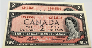 1954 Bank of Canada Two Dollars Consecutive UNC Serial-LG 2443508-09