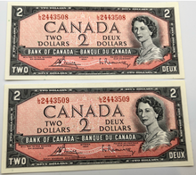 1954 Bank of Canada Two Dollars Consecutive UNC Serial-LG 2443508-09