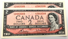 1954 Bank of Canada Two Dollars Consecutive UNC Serial-LG 2443508-09