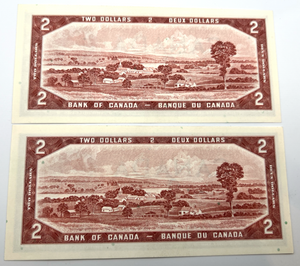 1954 Bank of Canada Two Dollars Consecutive UNC Serial-LG 2443508-09