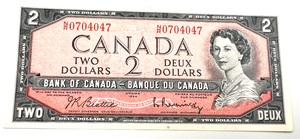 1954 Bank of Canada Two Dollars AU Serial-NR 0704047