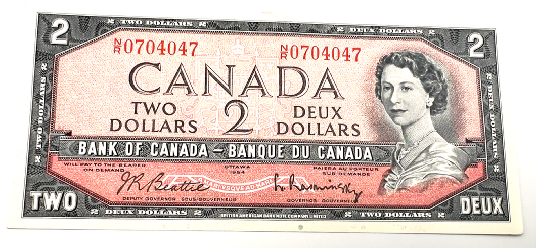 1954 Bank of Canada Two Dollars AU Serial-NR 0704047