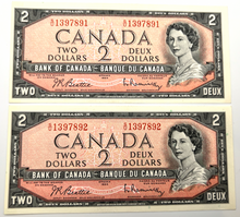 1954 Bank of Canada Two Dollars Consecutive UNC Serial-SU 1397891-2